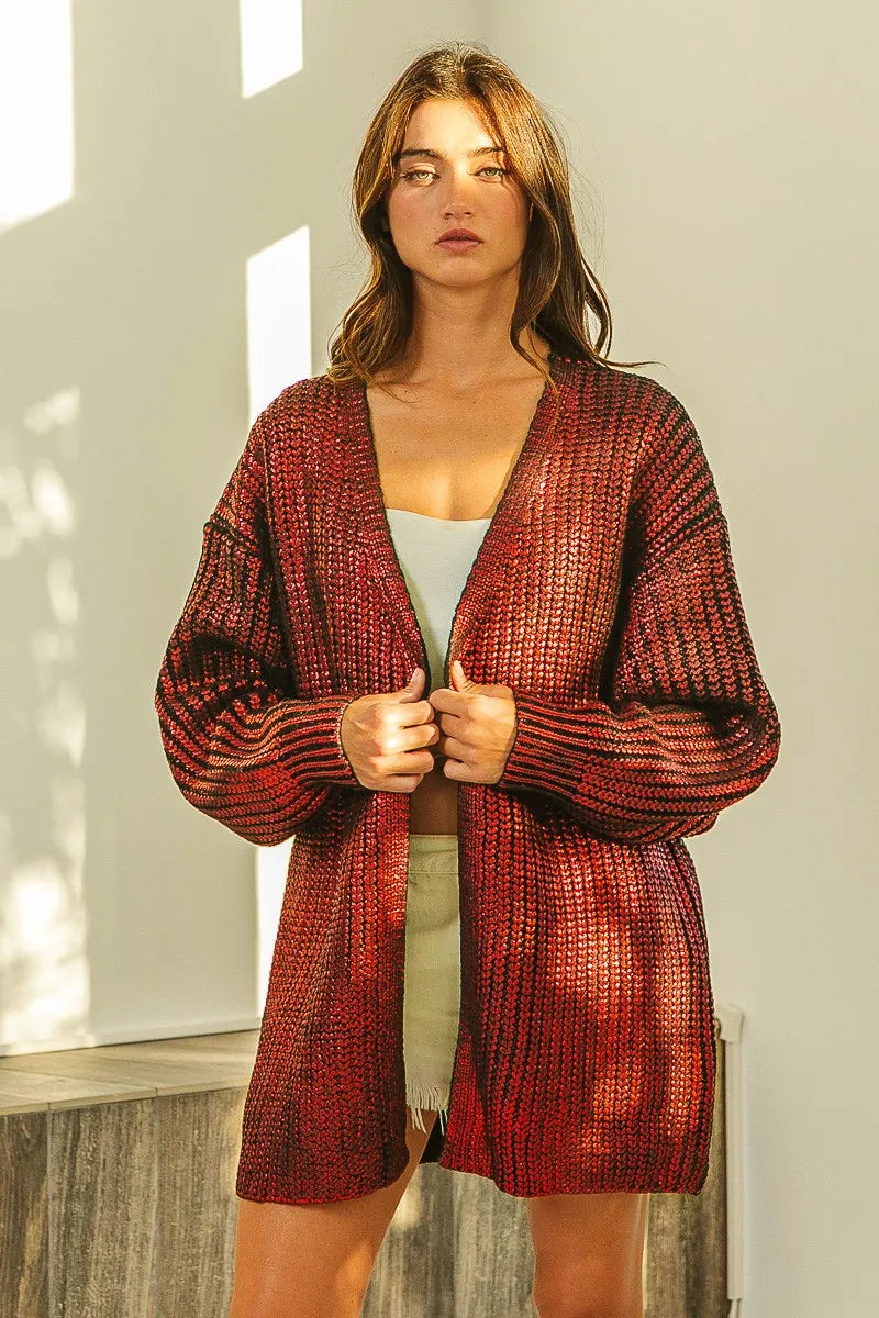 Metallic Knit V-neck Open Sweater Cardigan