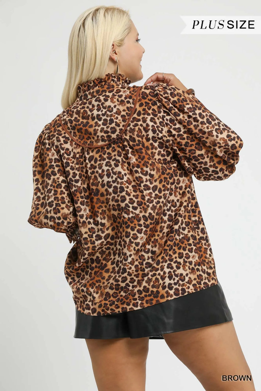 Full Size Leopard Print Ruffle Neck Blouse Plus Size