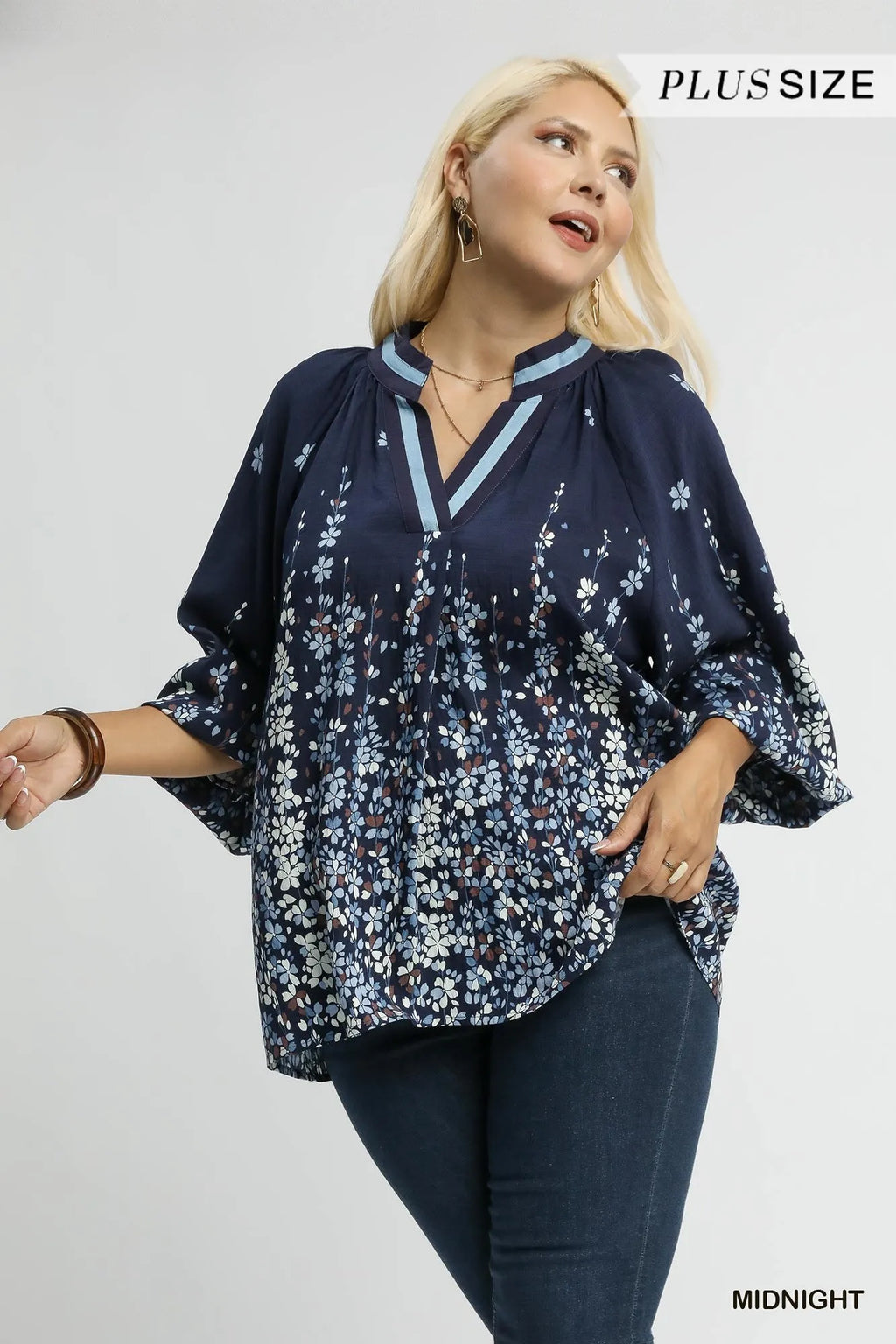 Full Size Floral Vine Print Blouse with Balloon Sleeves Plus Size