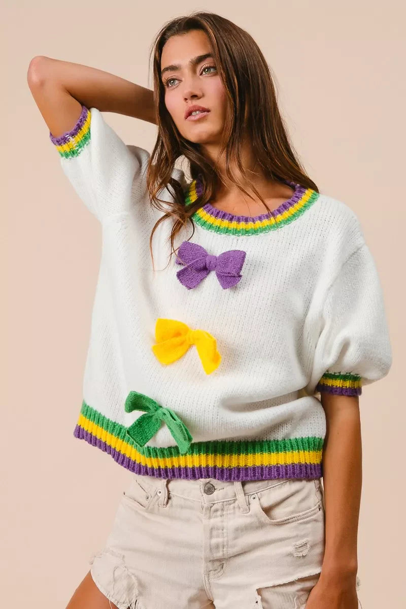 Short Puff Sleeve Ribbon Bow Mardi Gras Sweater