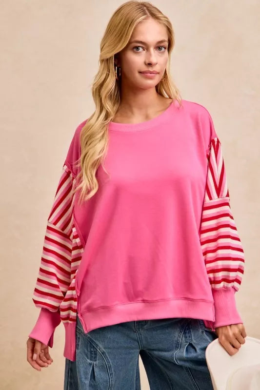 French Terry Stripe Combo Sweatshirt with Open Seam