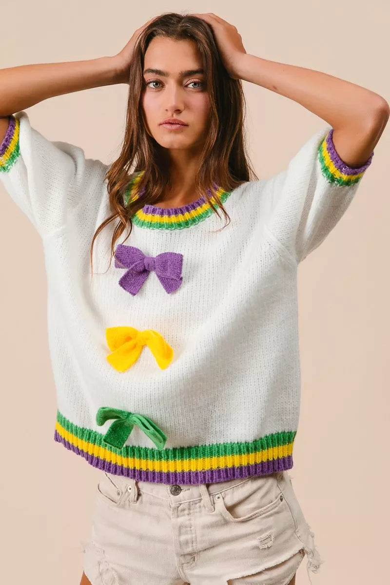 Short Puff Sleeve Ribbon Bow Mardi Gras Sweater