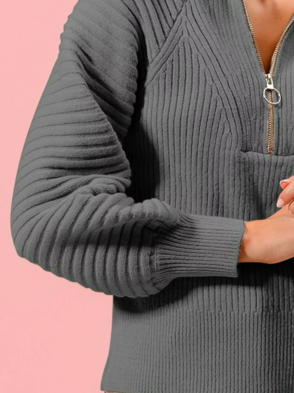 Half Zip Raglan Balloon Sleeves Ribbed Sweater