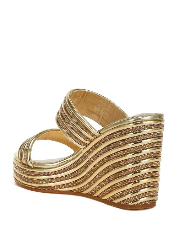 Benched Metallic Faux Leather Wedge Sandals