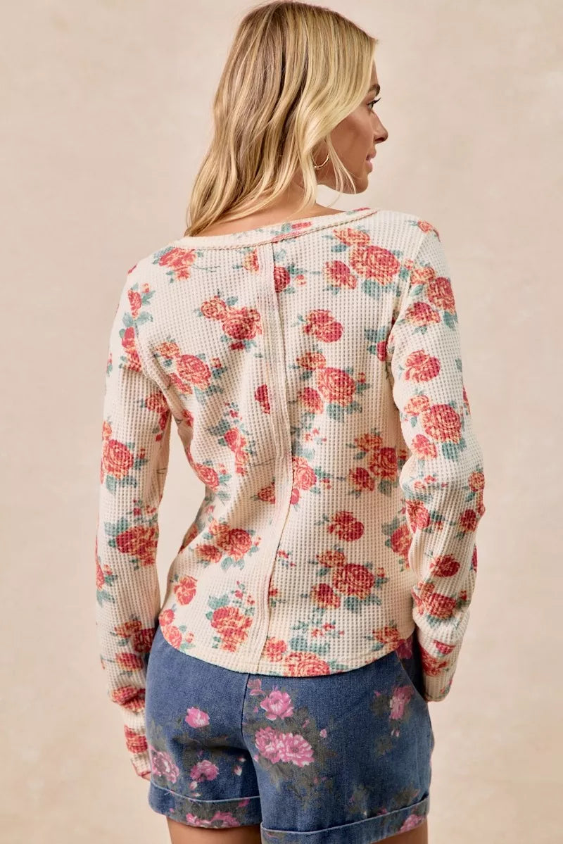 Floral Print Washed Waffle Thermal Top With Thumb