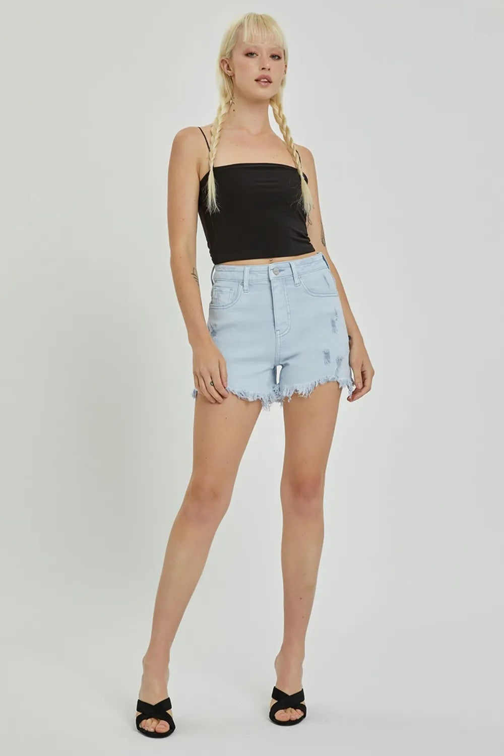 Full Size High Rise Distressed Detail Denim Shorts