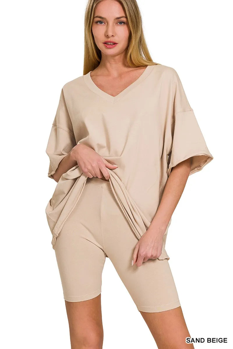 Cotton V-neck Top & Biker Shorts Set