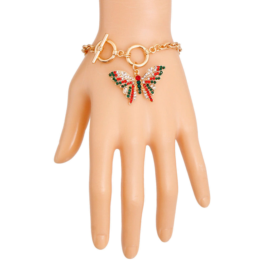 Statement Butterfly Bracelet with Red and Green Accents, Trendy Fashion Jewelry