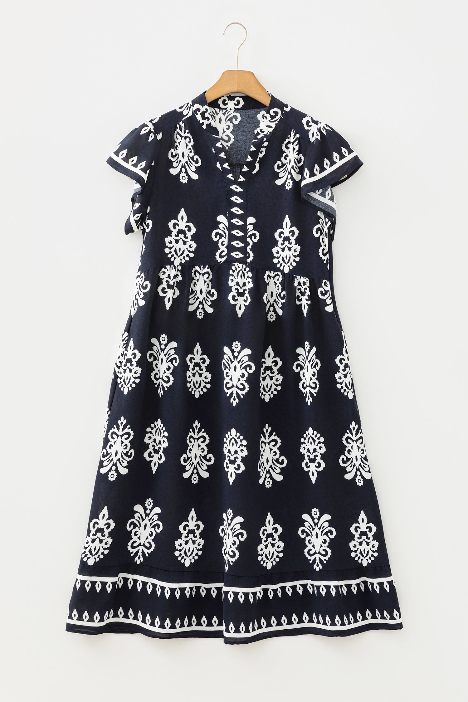 Blue Western Ethnic Print Notched Neck Short Sleeve Midi Dress