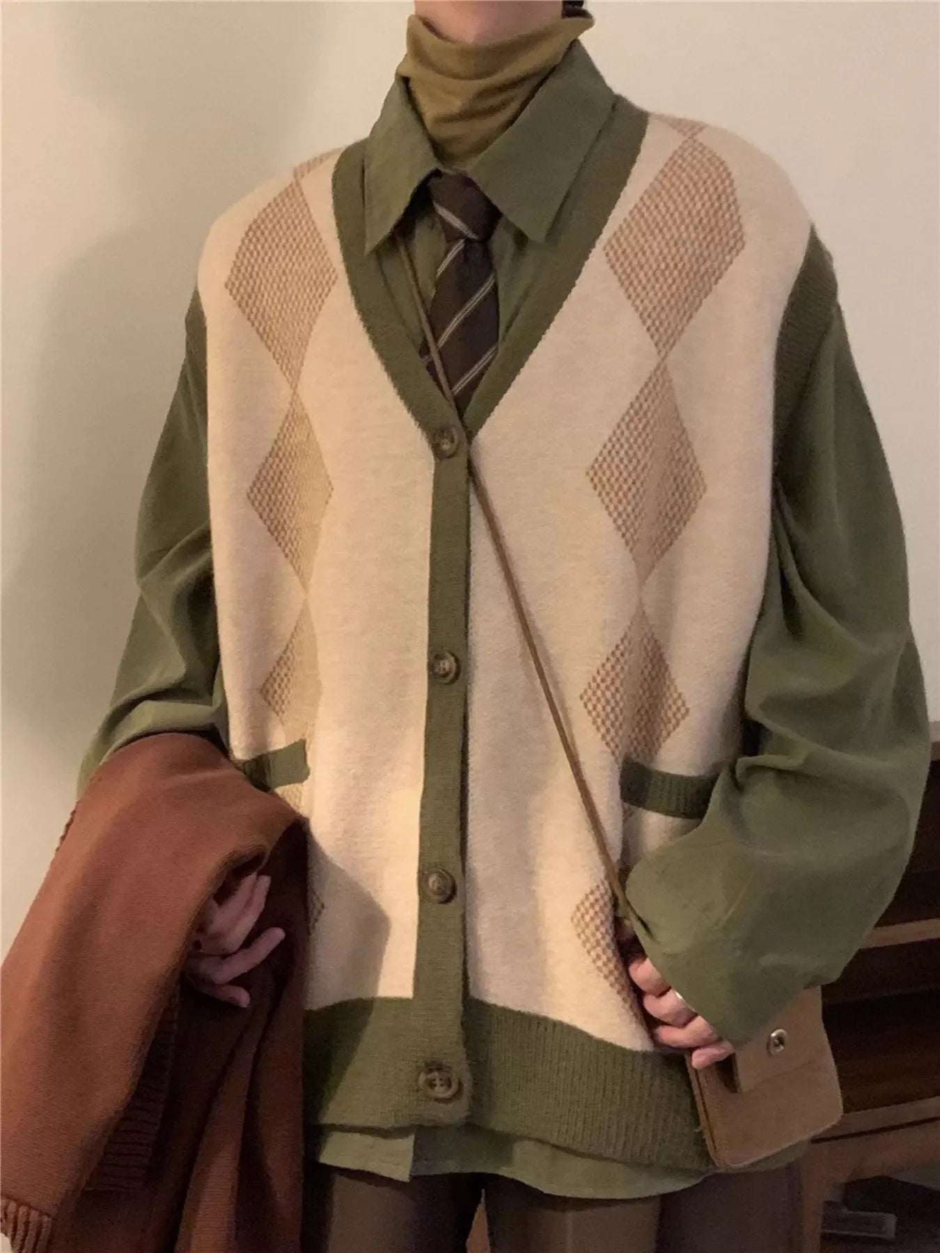 Men's Argyle Knit Button Up Cardigan Sweater Vest