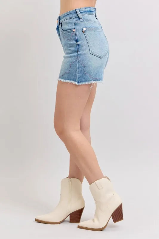 Full Size High Waist Western Embroidery Detail Cut Off Denim Shorts Plus Size