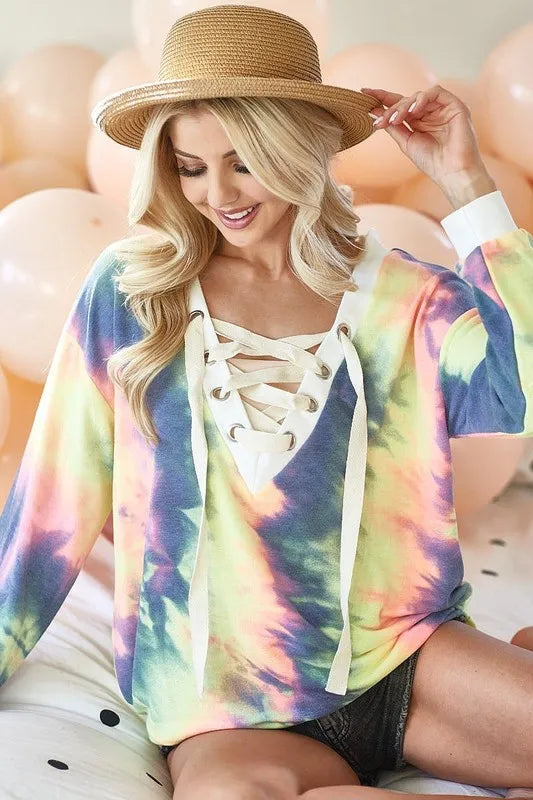 Tie Dye Deep V-Neck Top with Lace Up Front