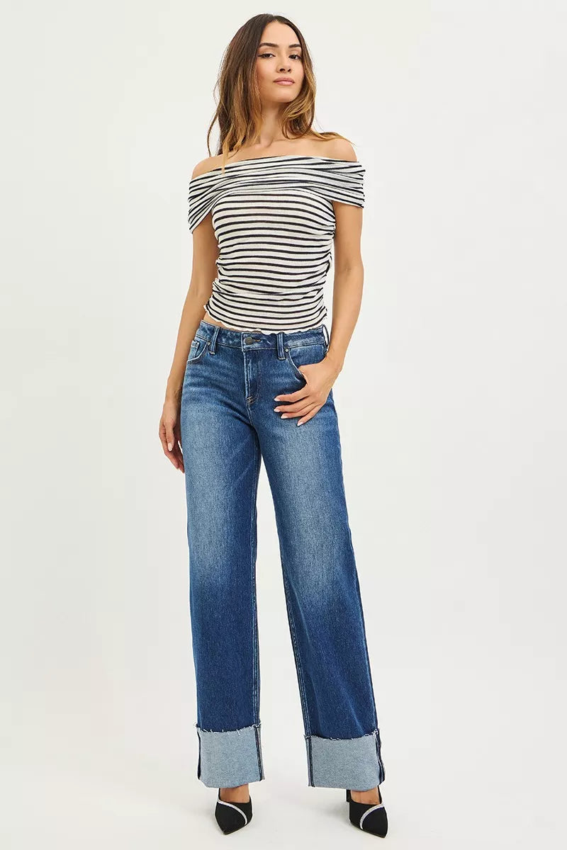 Mid Rise Wide Straight Jeans With Wide Cuff