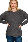 Ribbed Brushed Melange Hacci Sweater with Chest Pocket