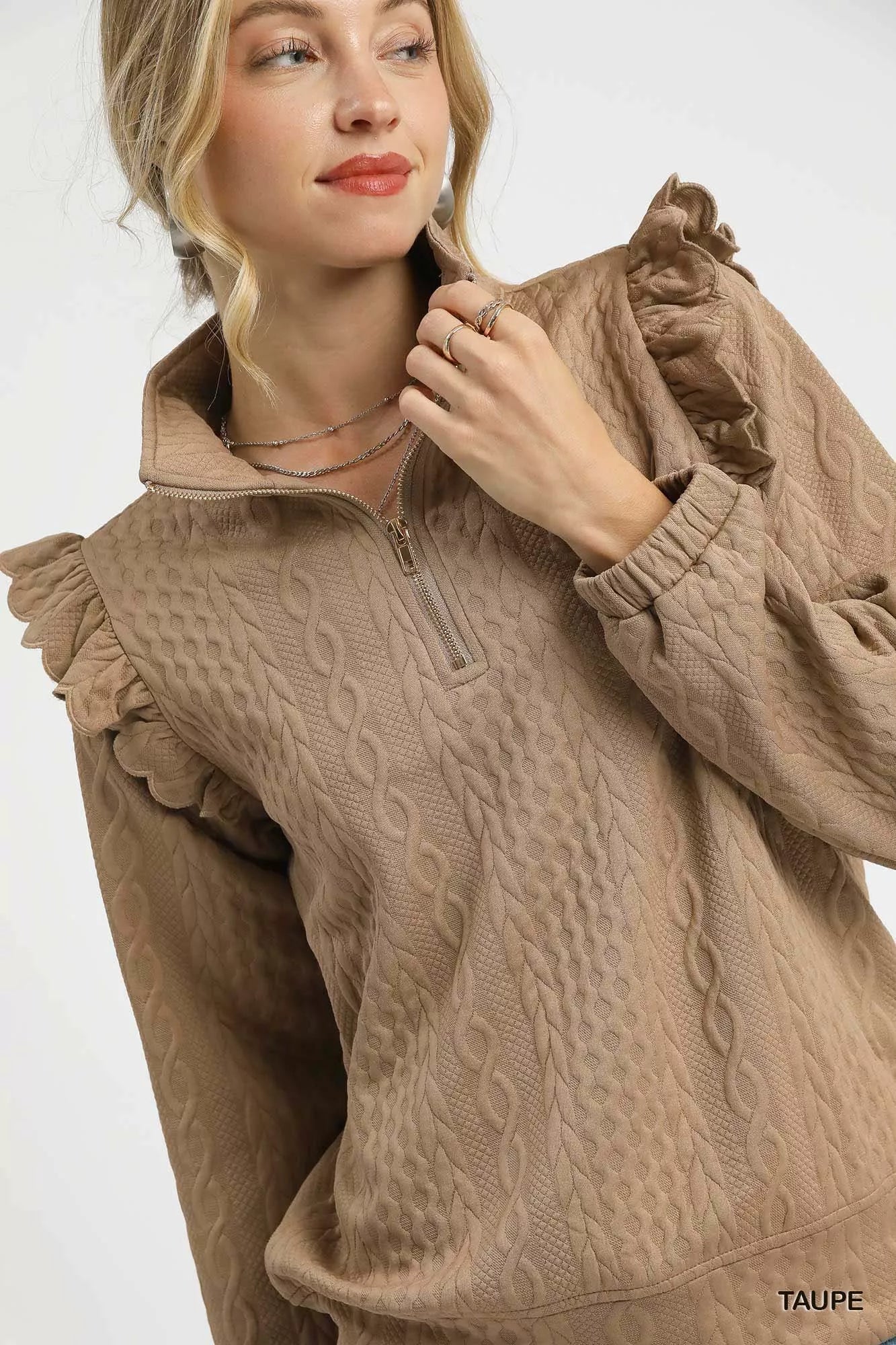 Cable Knit Textured Pullover with Ruffle Shoulders