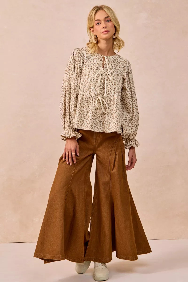 Floral Printed Peplum Blouse with Shirring and Tied