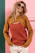Color Block Sweater Knit Top With Cut Out Neck