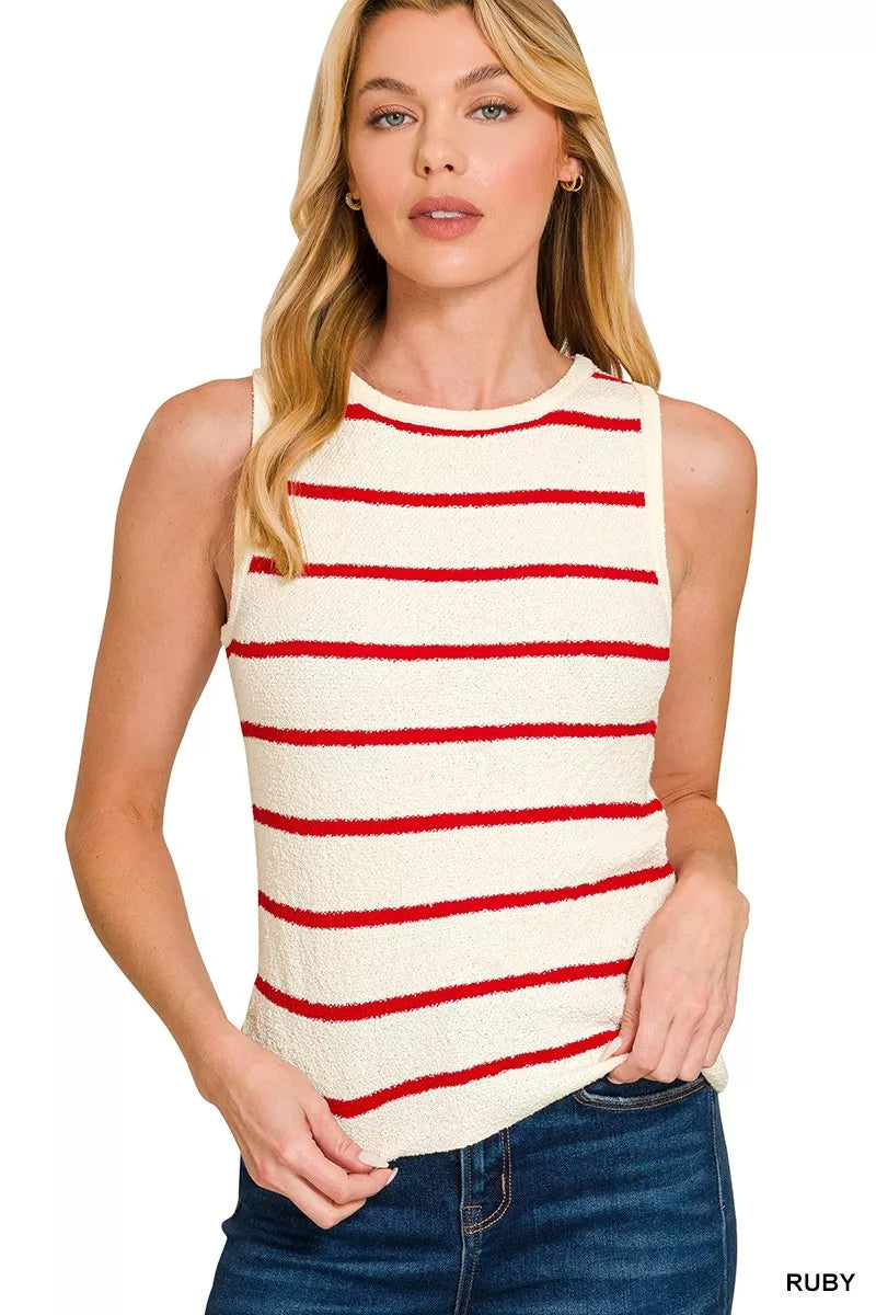 Round Neck Stripe Knit Tank Top