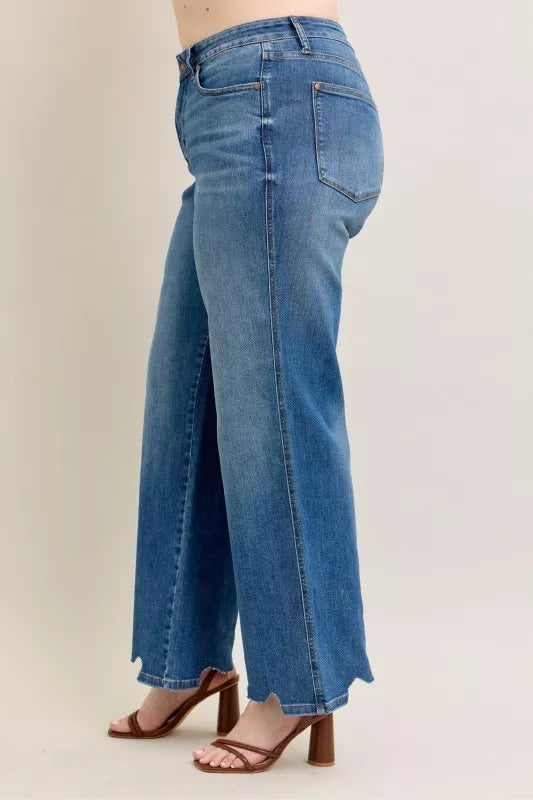 Full Size High Waist Tummy Control Chew Hem Destroy Wide Jeans Plus Size