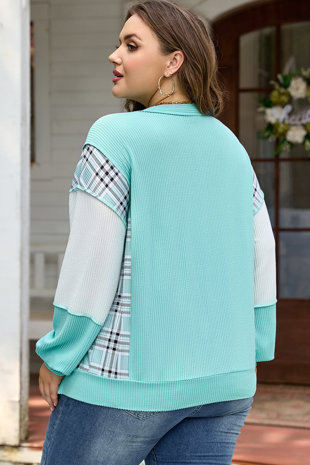 Twist Ribbed Color Block Plaid Patchwork Plus Size Long Sleeve Top