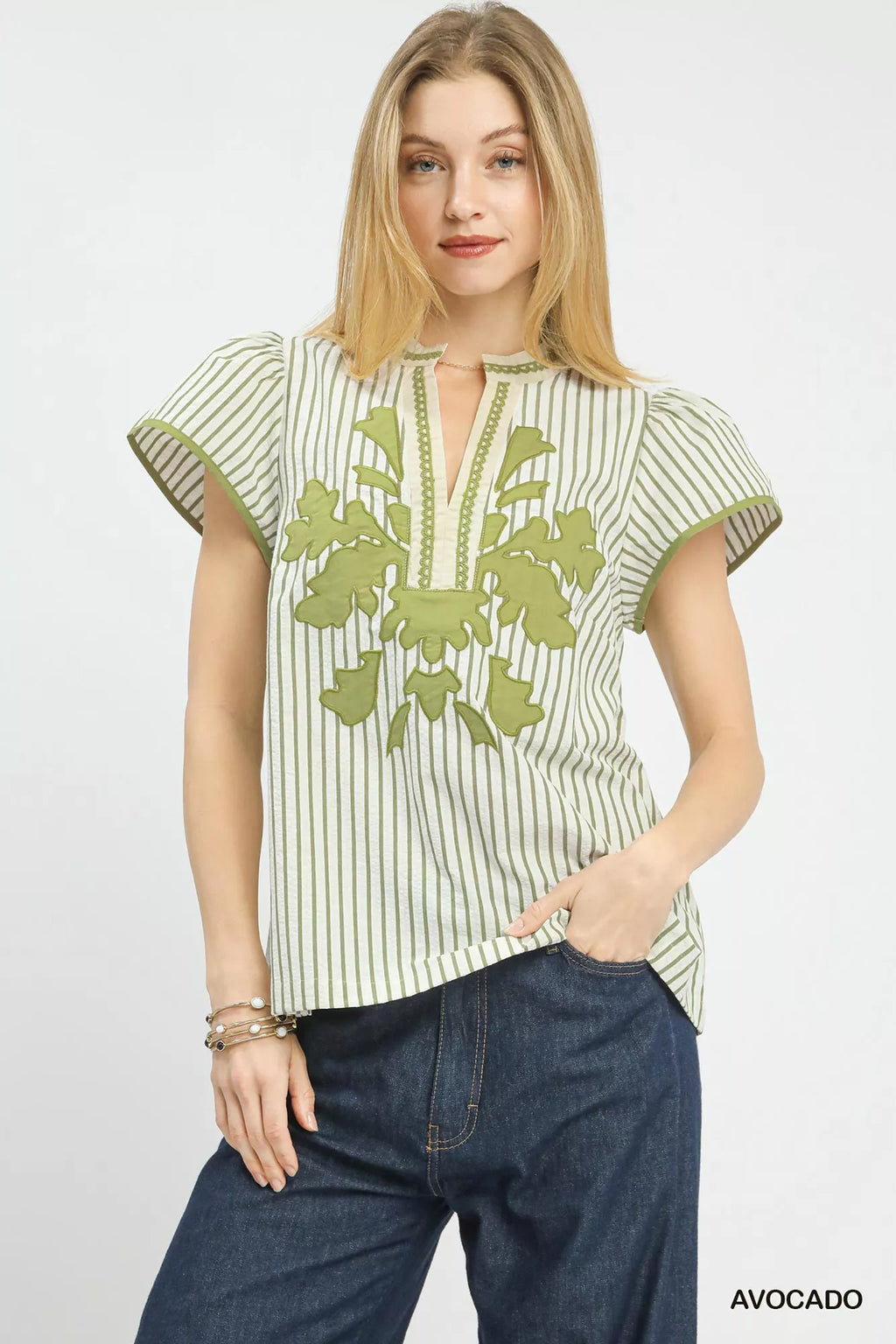 V-Neck Stripe Top with Lace Trim