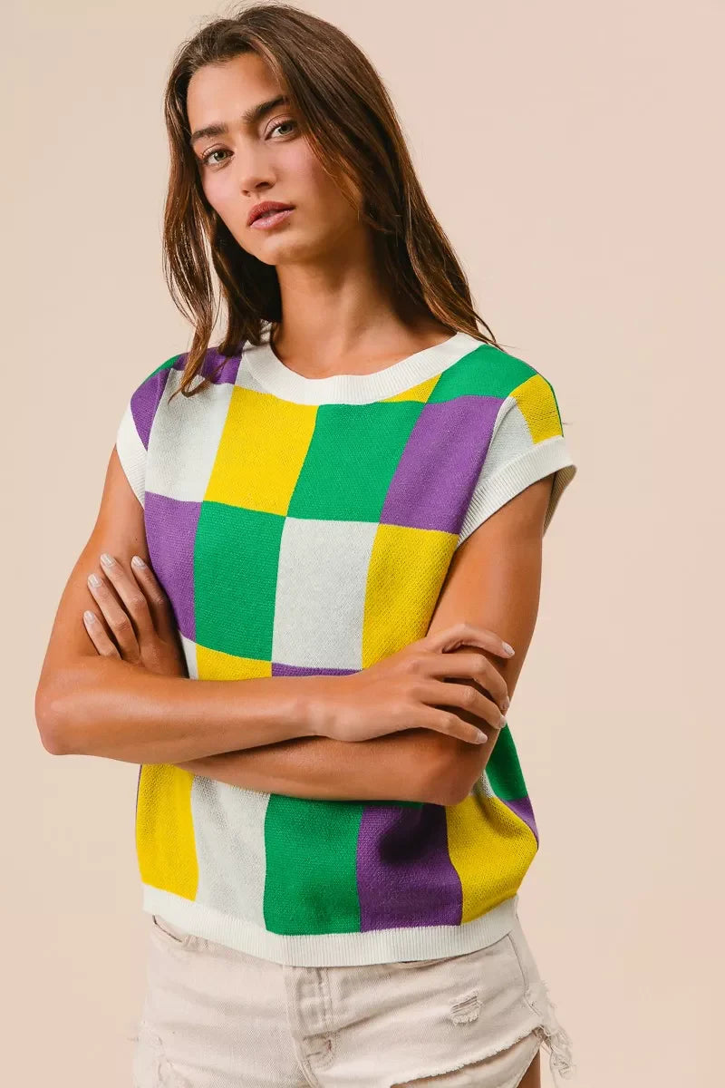 Mardi Gras Checker Pattern Sleeveless Sweater Top