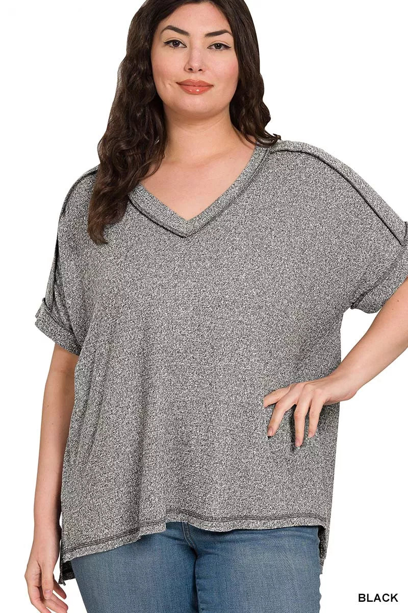 Full Size Soft Melange Hacci V-Neck Short Sleeve Hi-low Tee Plus Size