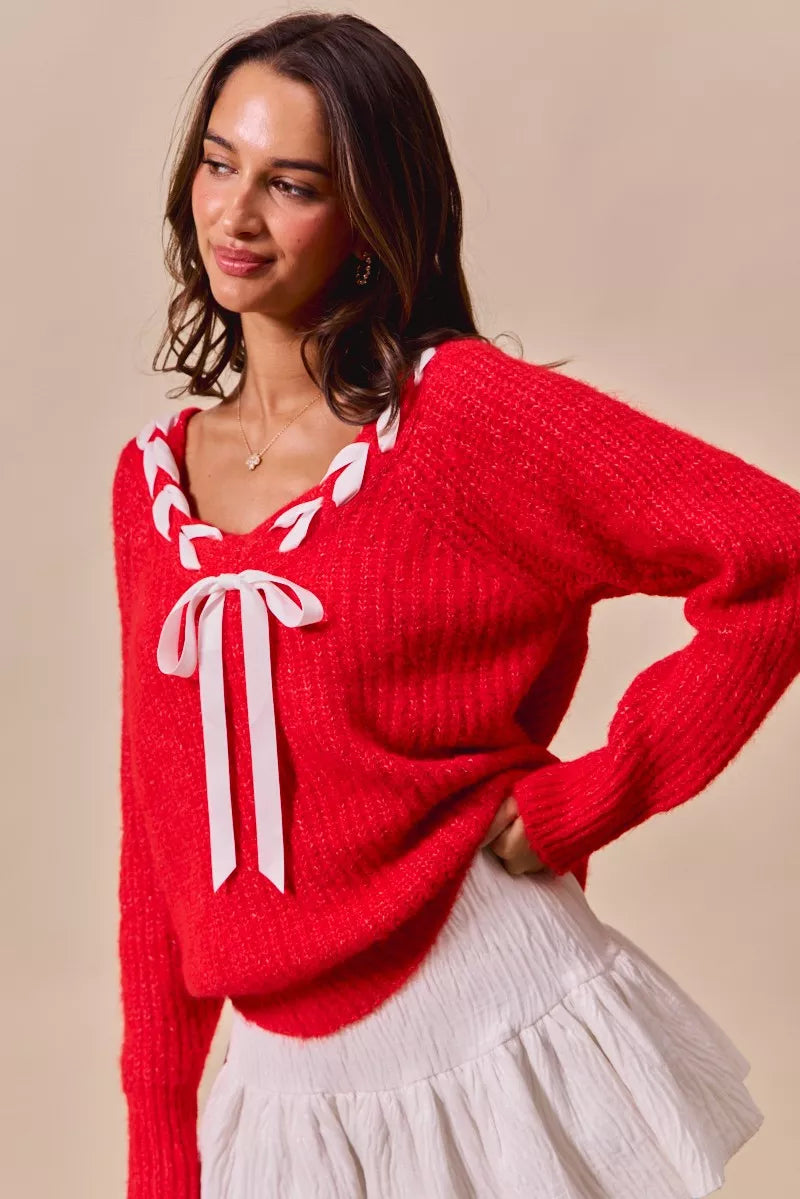 Satin Tape Braided Ribbon Tie V Neck Sweater