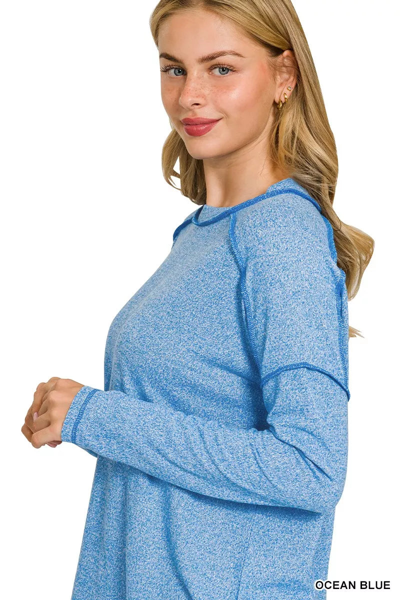 Full Size Melange Hacci Exposed Seam Hi-low Tee Plus Size