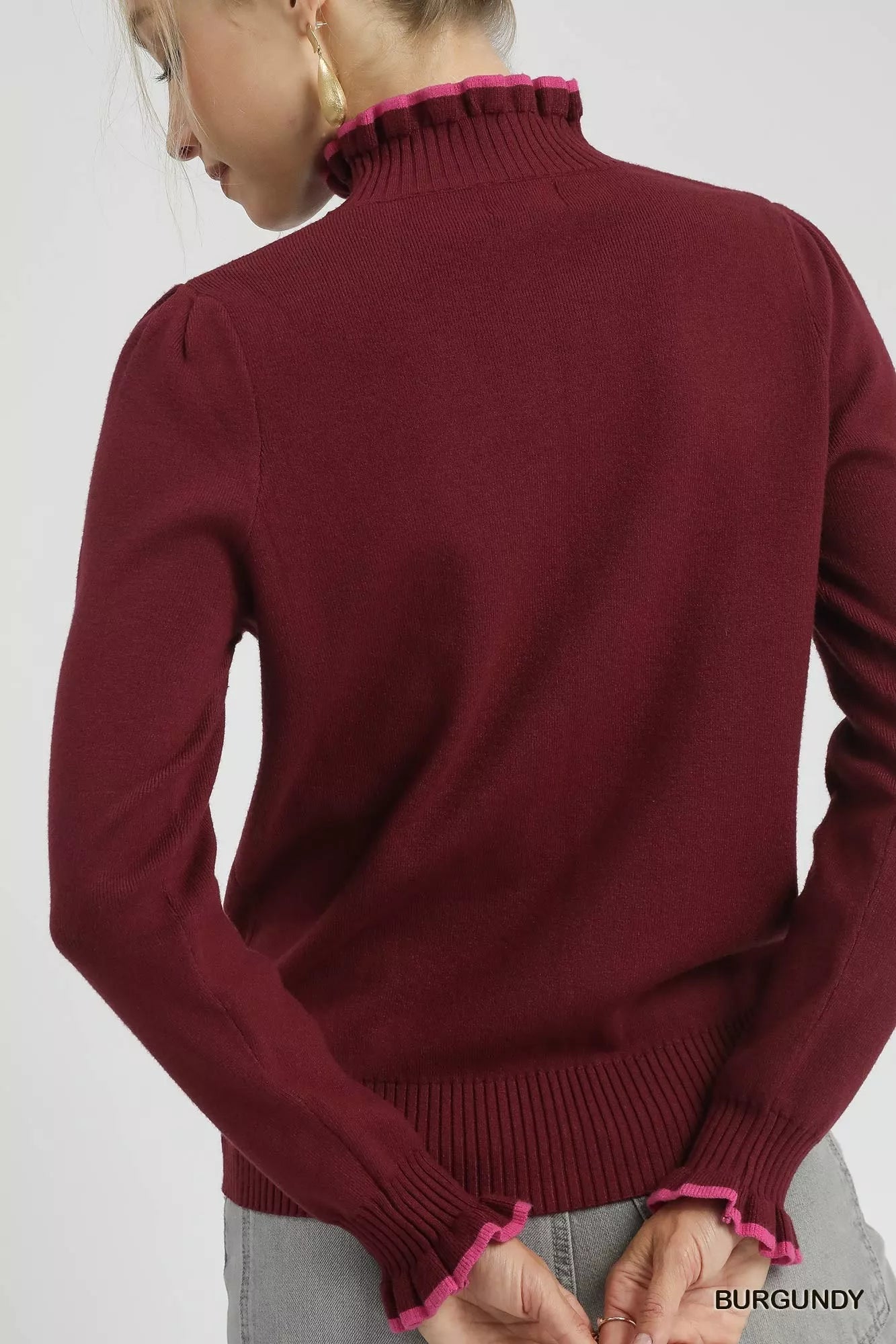 Ribbed Round Neck Sweater with Ruffle Contrast Trim