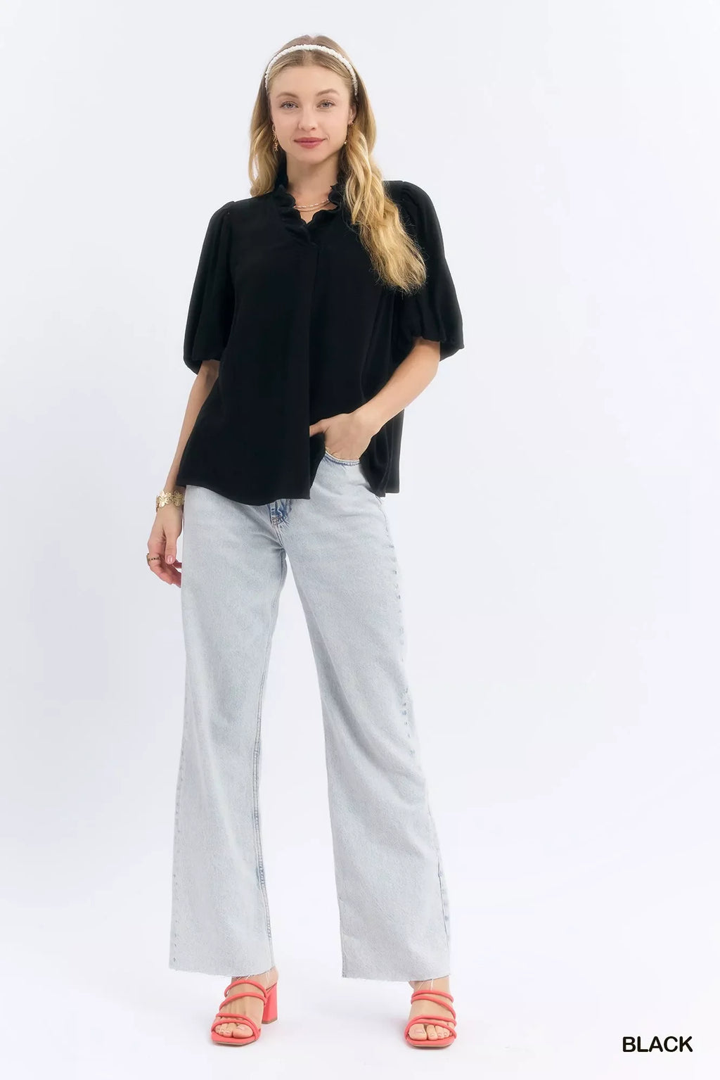 Linen Scallop Trim V-Neck Blouse