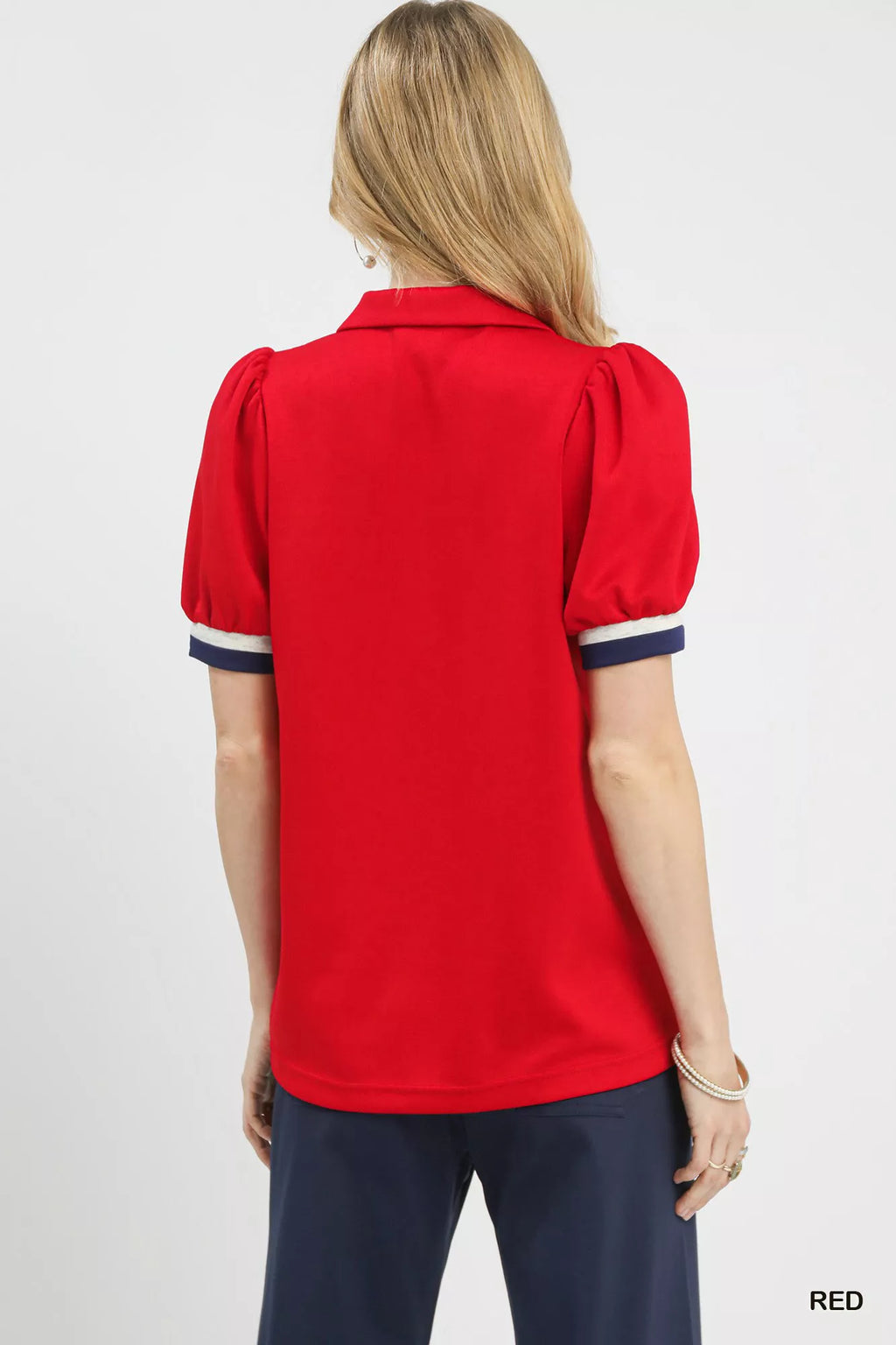 Puff Sleeve Zip Front Top with Contrast Striped Trim