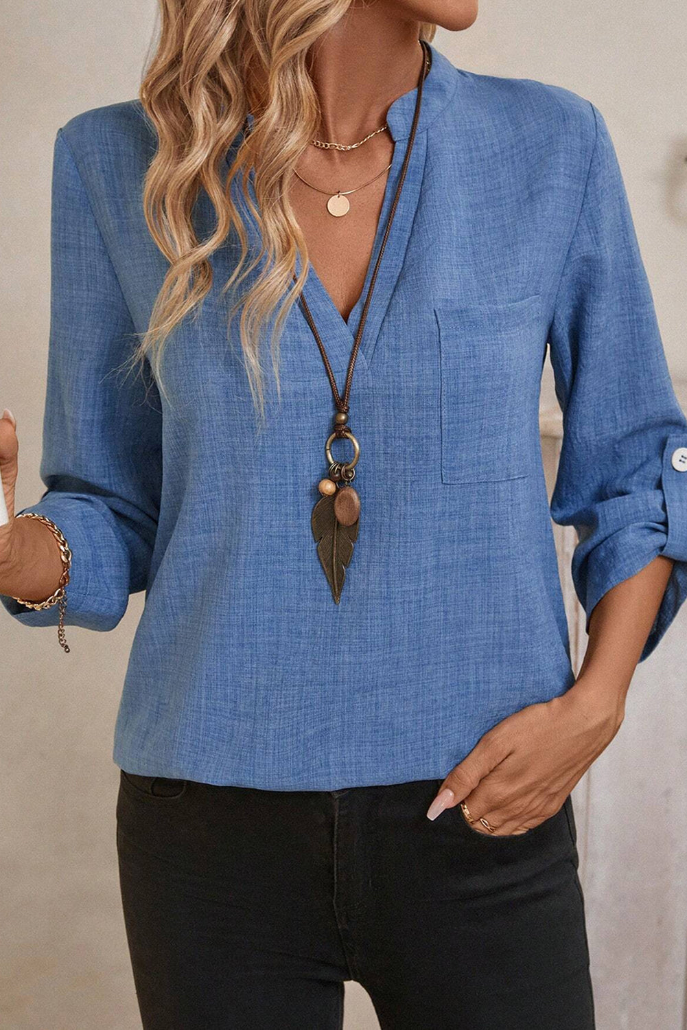 Solid Color Notched V Neck Roll up 3/4 Sleeve Blouse