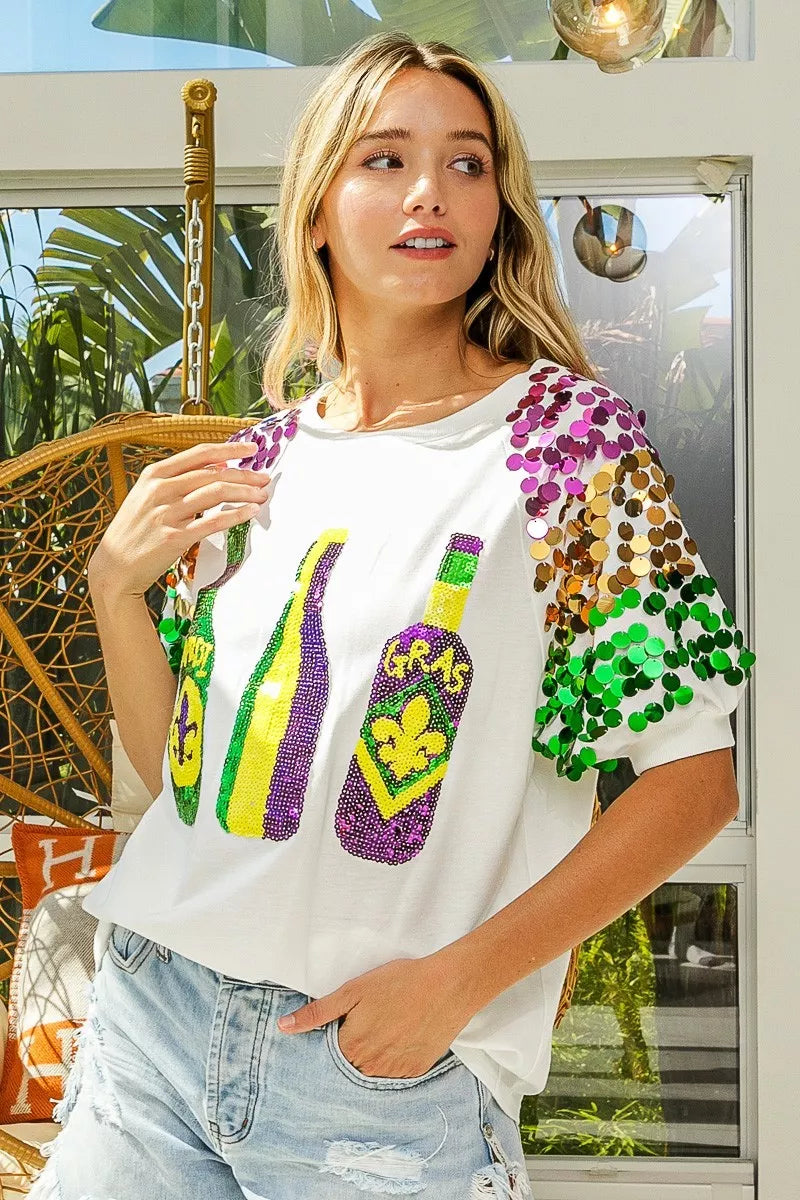 Sequin Mardi Gras Bottles Spangled Sleeve Top