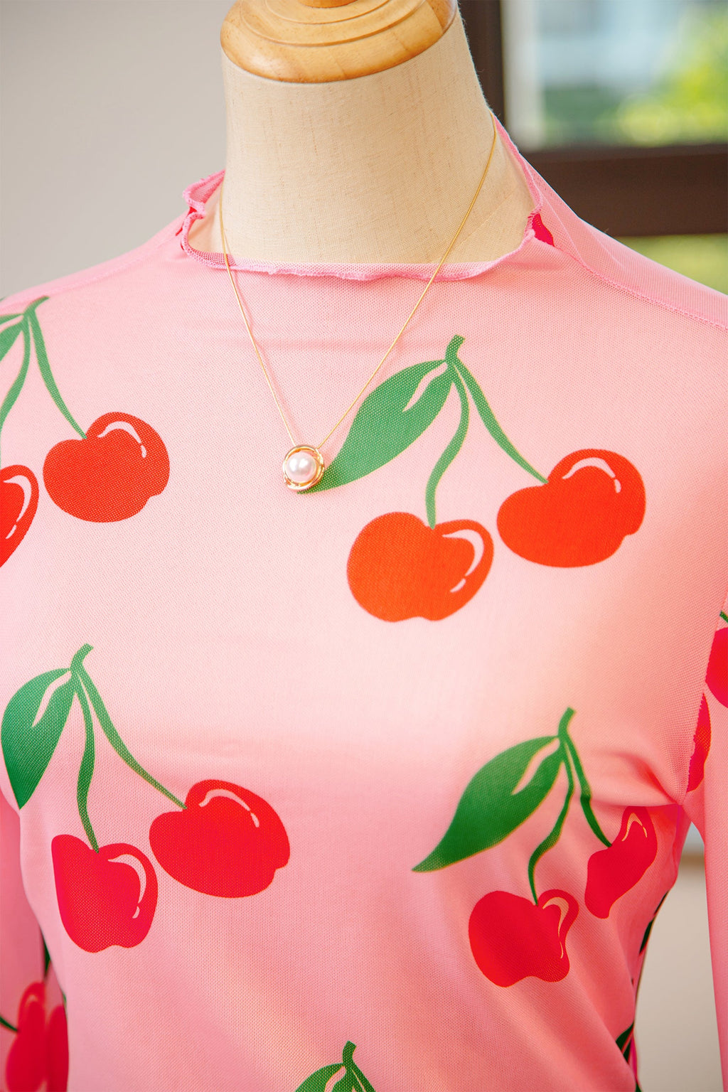 Pink Cherry Print Lettuce Trim Long Sleeve Mesh Top