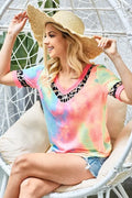 Rainbow Tie-Dye Leopard Trim V-Neck T-Shirt