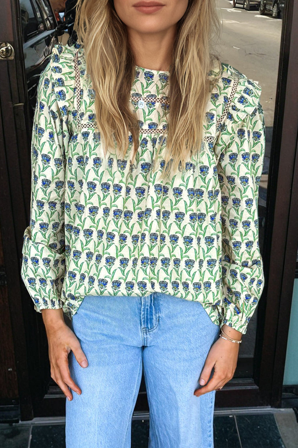 Green Floral Print Lace Detail Ruffle Trim Long Sleeve Blouse