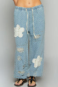 Floral Patch Washed Textured Twill Pants with Crochet See Thru Patch