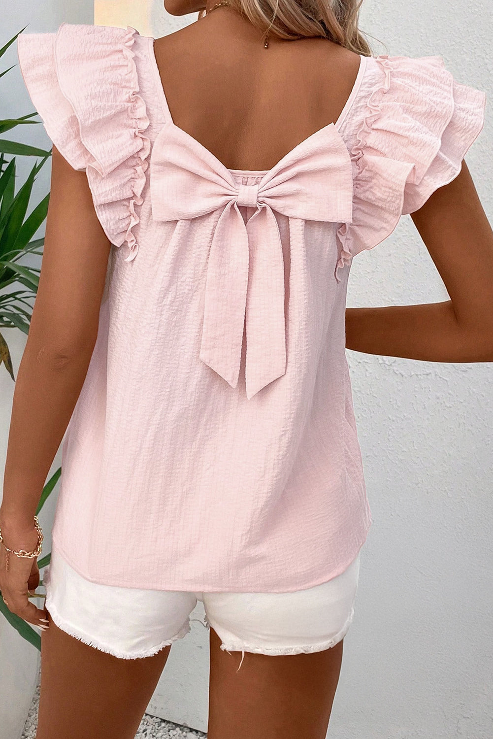 Beige Textured Bow Frilled Ruffle Sleeve Blouse
