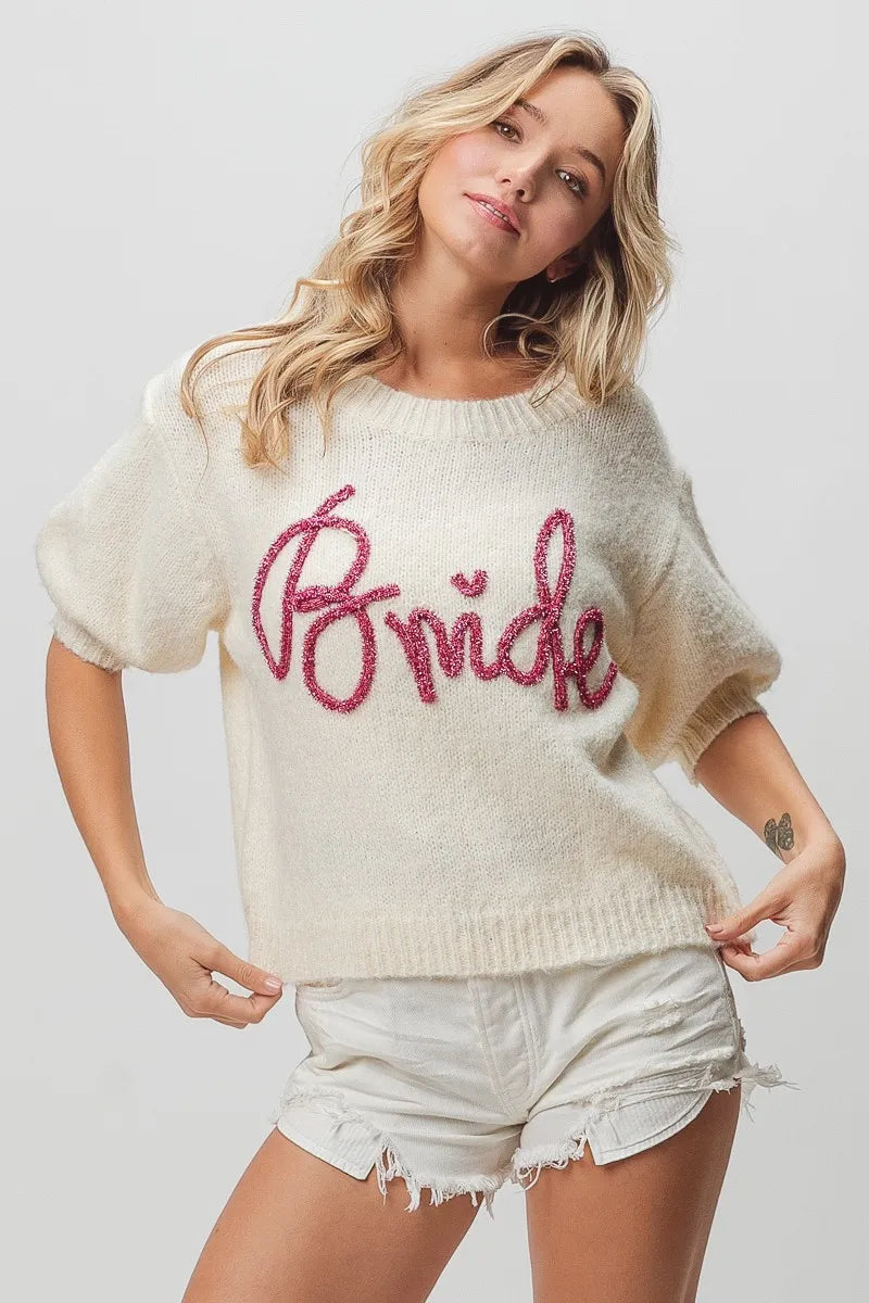 Metallic Letter Short Puff Sleeve Hairy Sweater