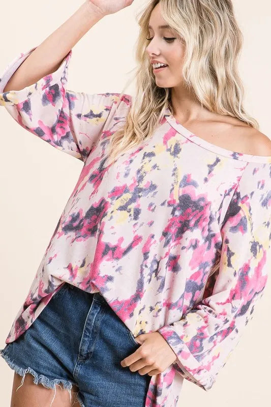 Tie Dye Print Terry A Line Top with Bell Sleeves