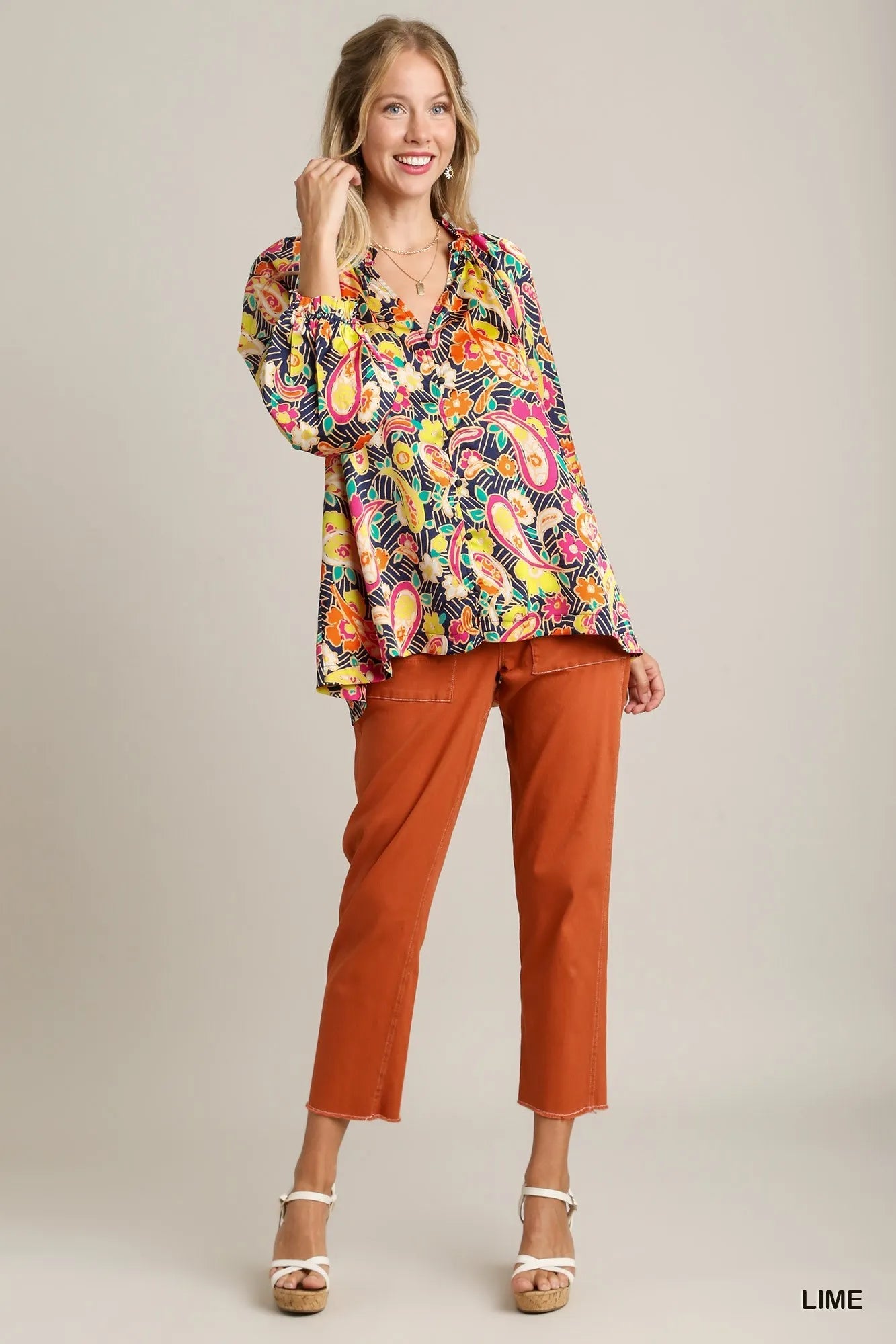 Full Size Satin Paisley Ruffle Neck Button-Up Shirt Plus Size