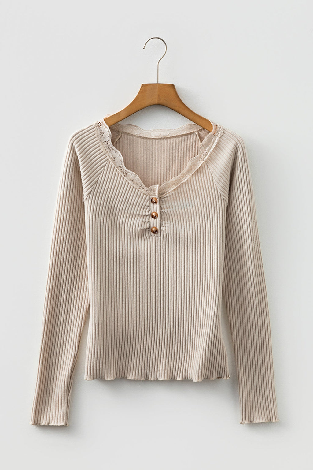 Beige Lace Neckline Button Decor Lettuce Edge Long Sleeve Ribbed Top