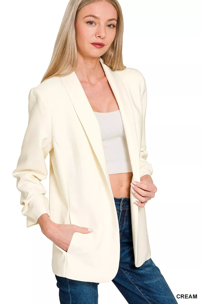 Woven 3/4 Ruched Sleeve Open Front Classic Blazer