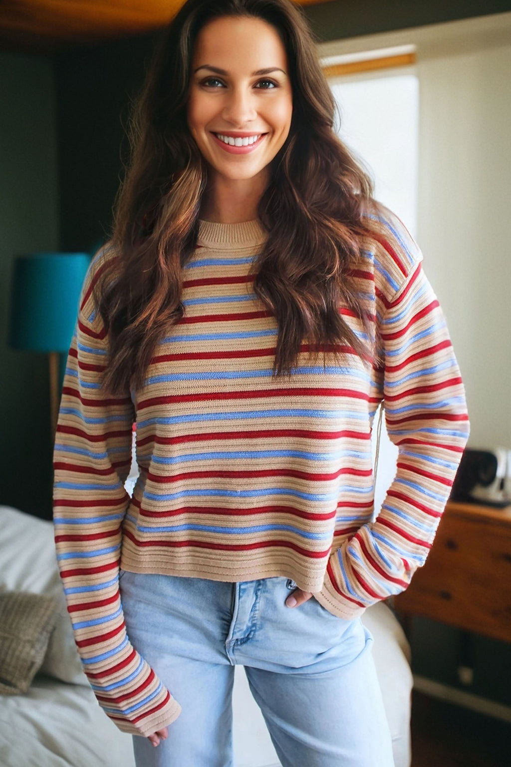 Khaki Stripe Drop Shoulder Cropped Long Sleeve Fall Sweater