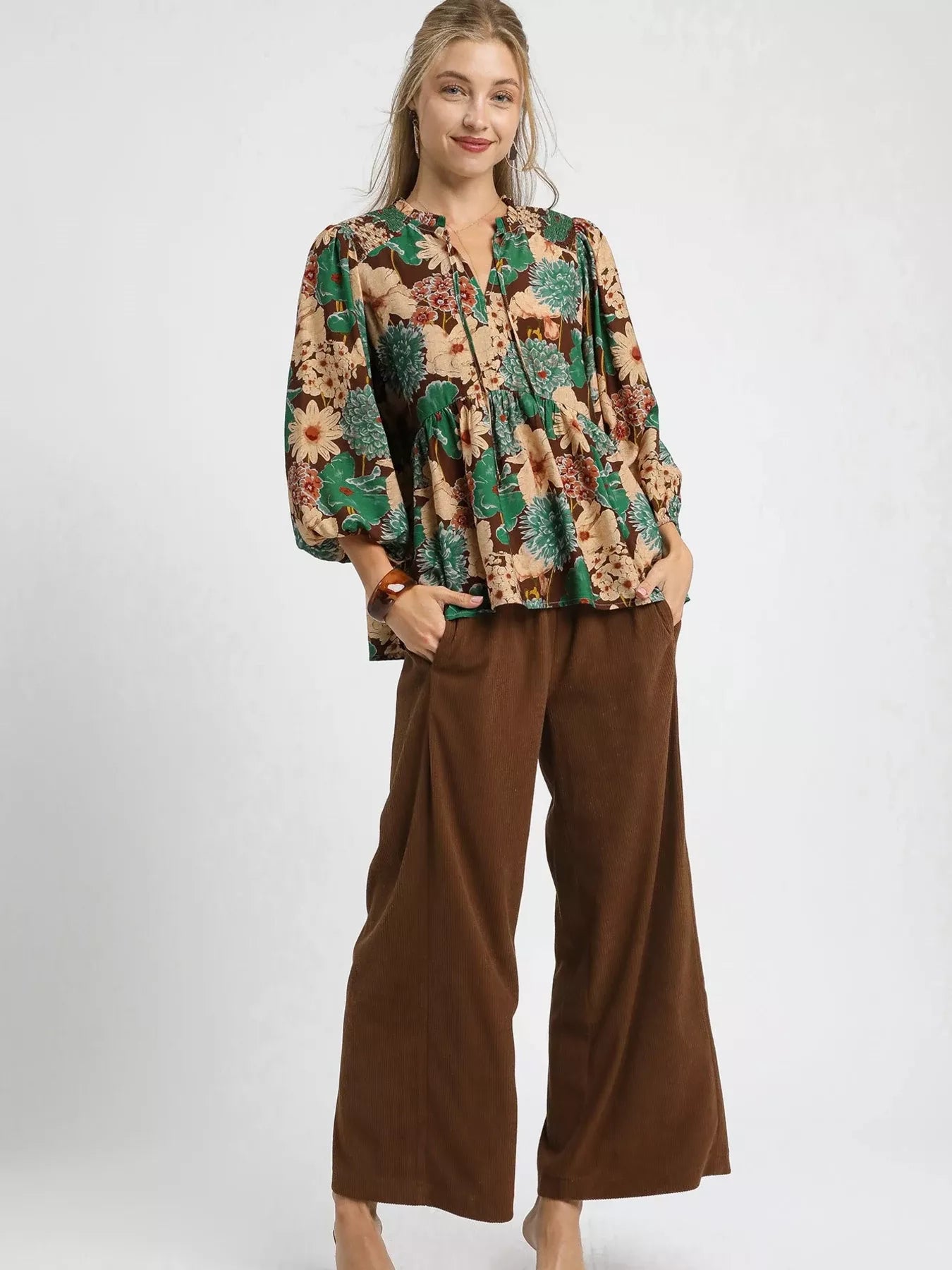 Mix Floral Peplum Blouse with Tie Neck