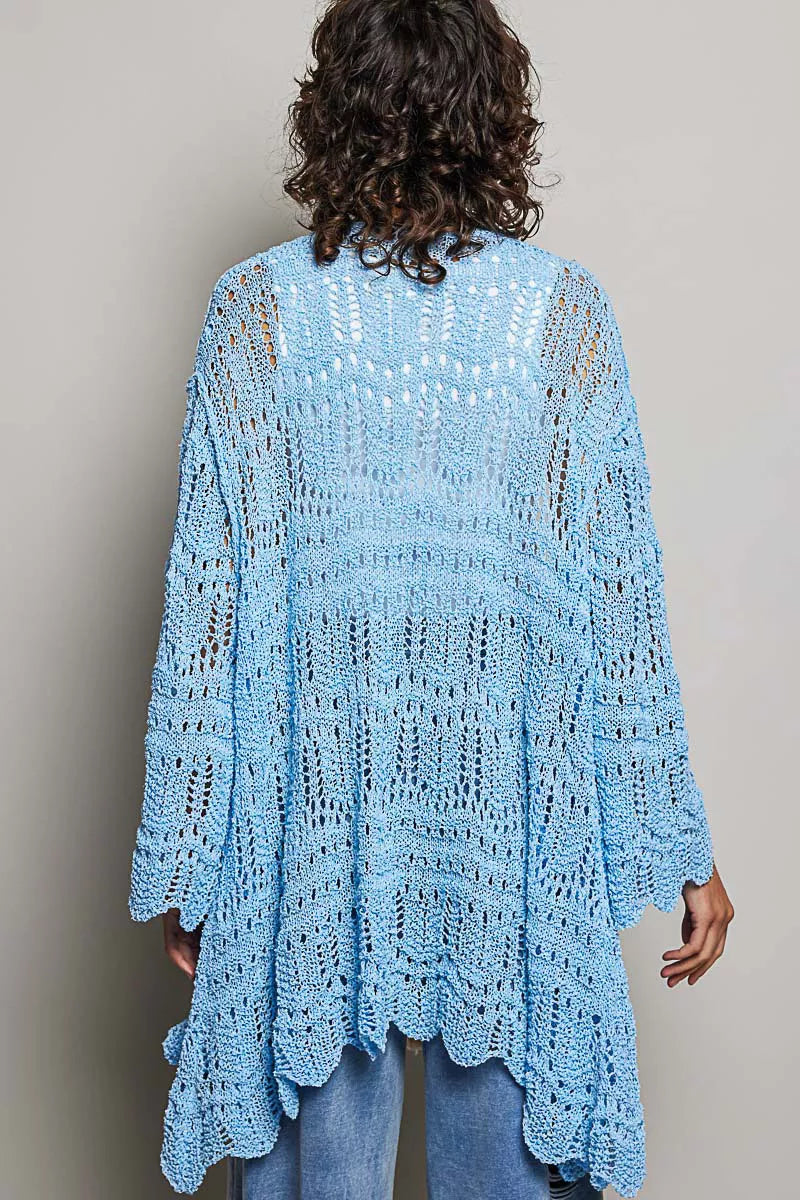 Openwork Lightweight Open Front Cardigan with Scalloped Edge