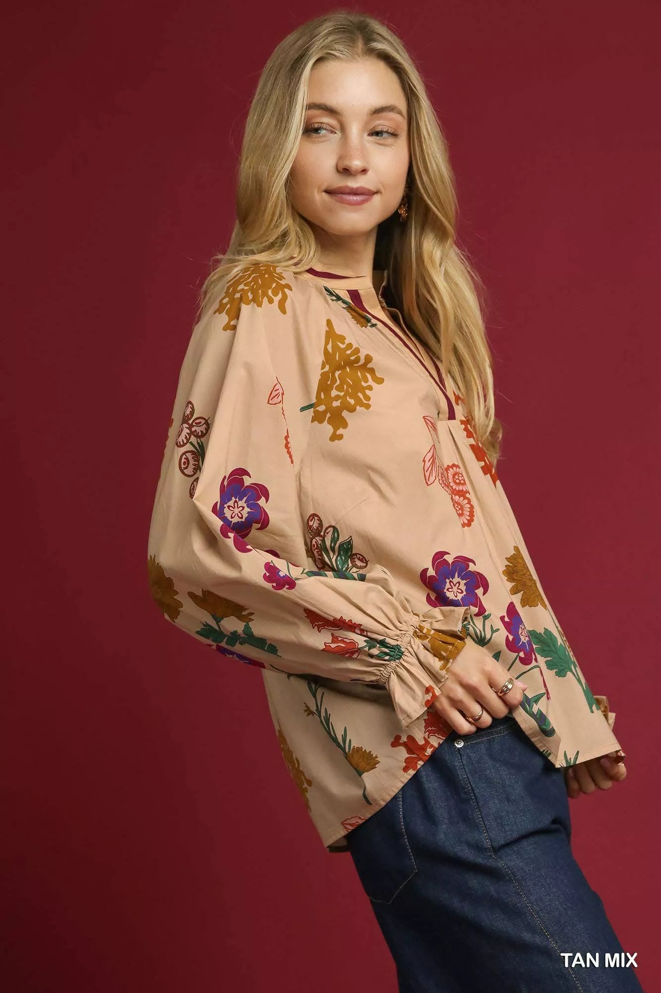 Floral Print Flounce Sleeve Blouse