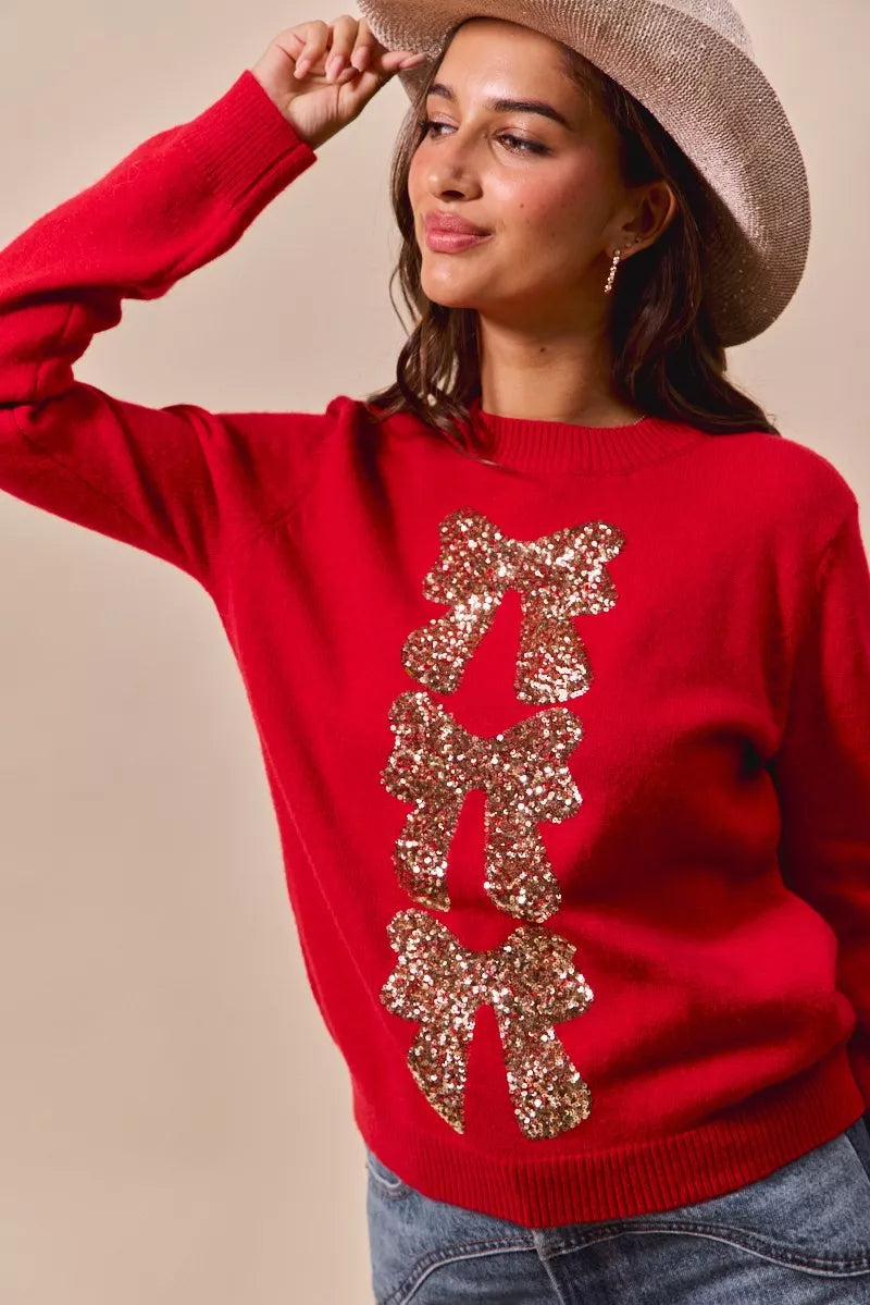 Sequins Bow Ribbon Embellished Christmas Sweater