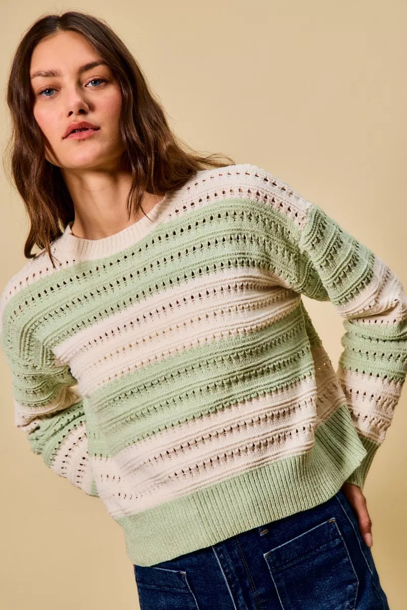 Openwork Round Neck Wide Stripe Textured Sweater